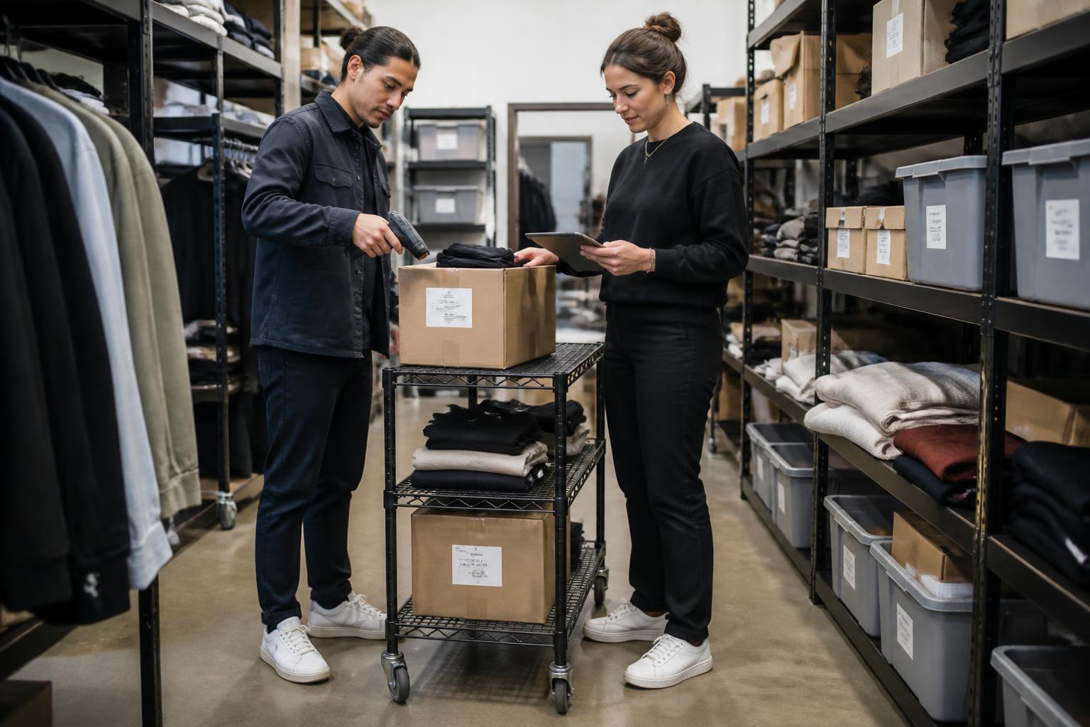 Two colleagues scanning and checking a box in a stockroom